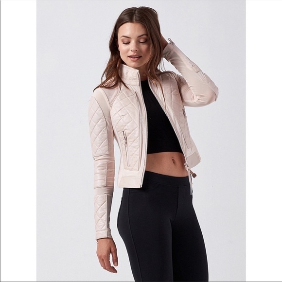 Blanc Nior Pale Pink Mesh Panel Inset Lace Up Quilted Leather Moto Jacket